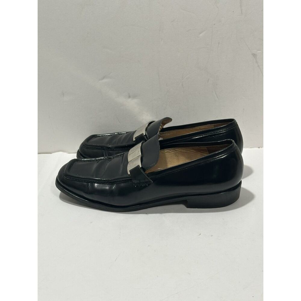 Gucci Leather Black Loafers Shiny Silver Plaque Logo Women 100 0398 36 C Sz 6 - Picture 4 of 12